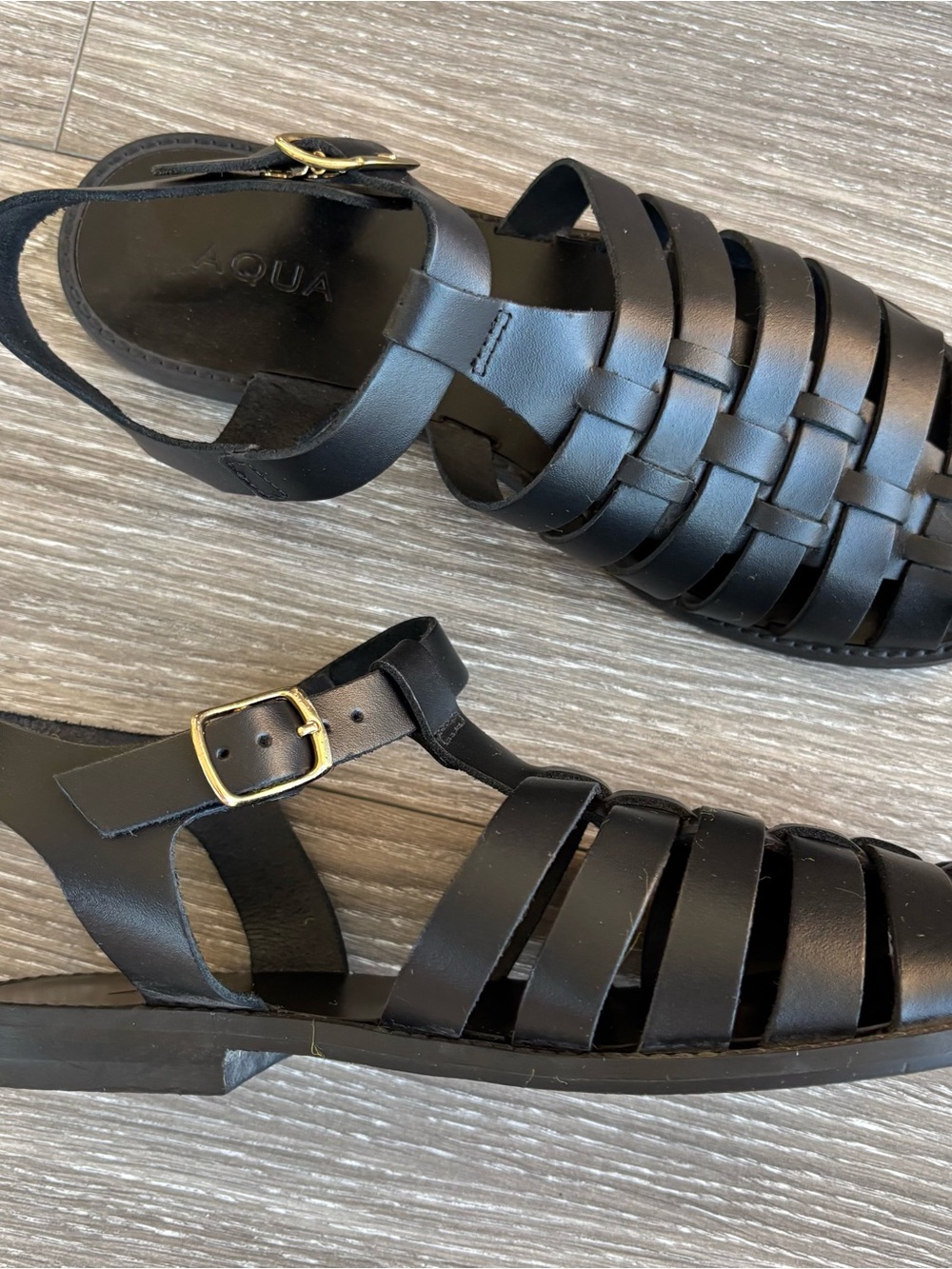 Aqua Black Woven Leather Buckle Sandals